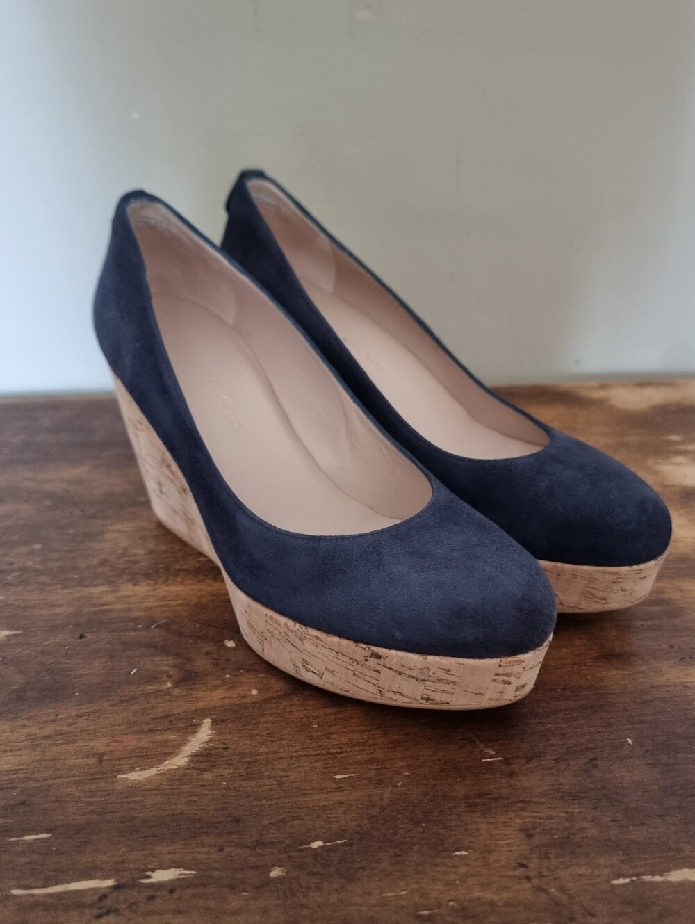 Stuart Weitzman Navy Suede Cork Wedge  Womens Pumps Size 6